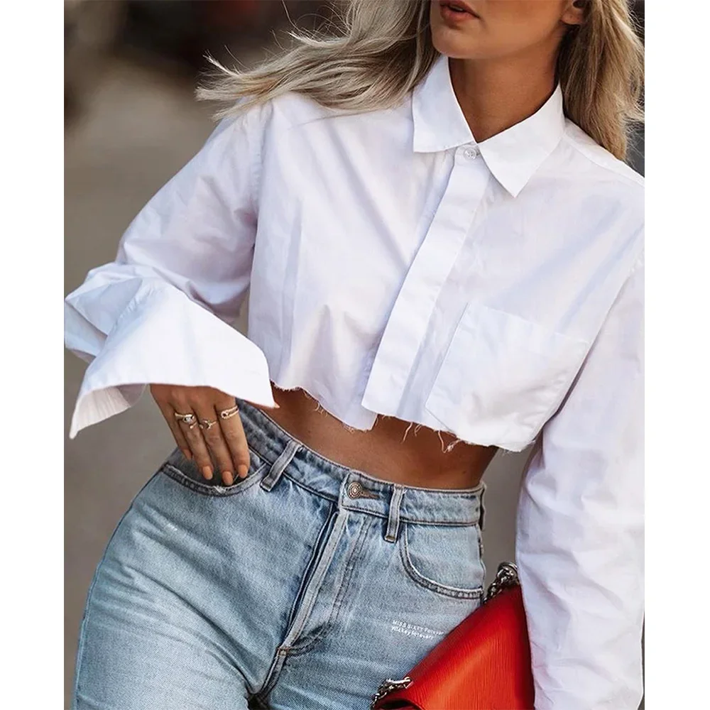 Street women's clothing 2024 autumn new thin top long sleeved short design feeling exposed belly white shirt for women YBF33-3