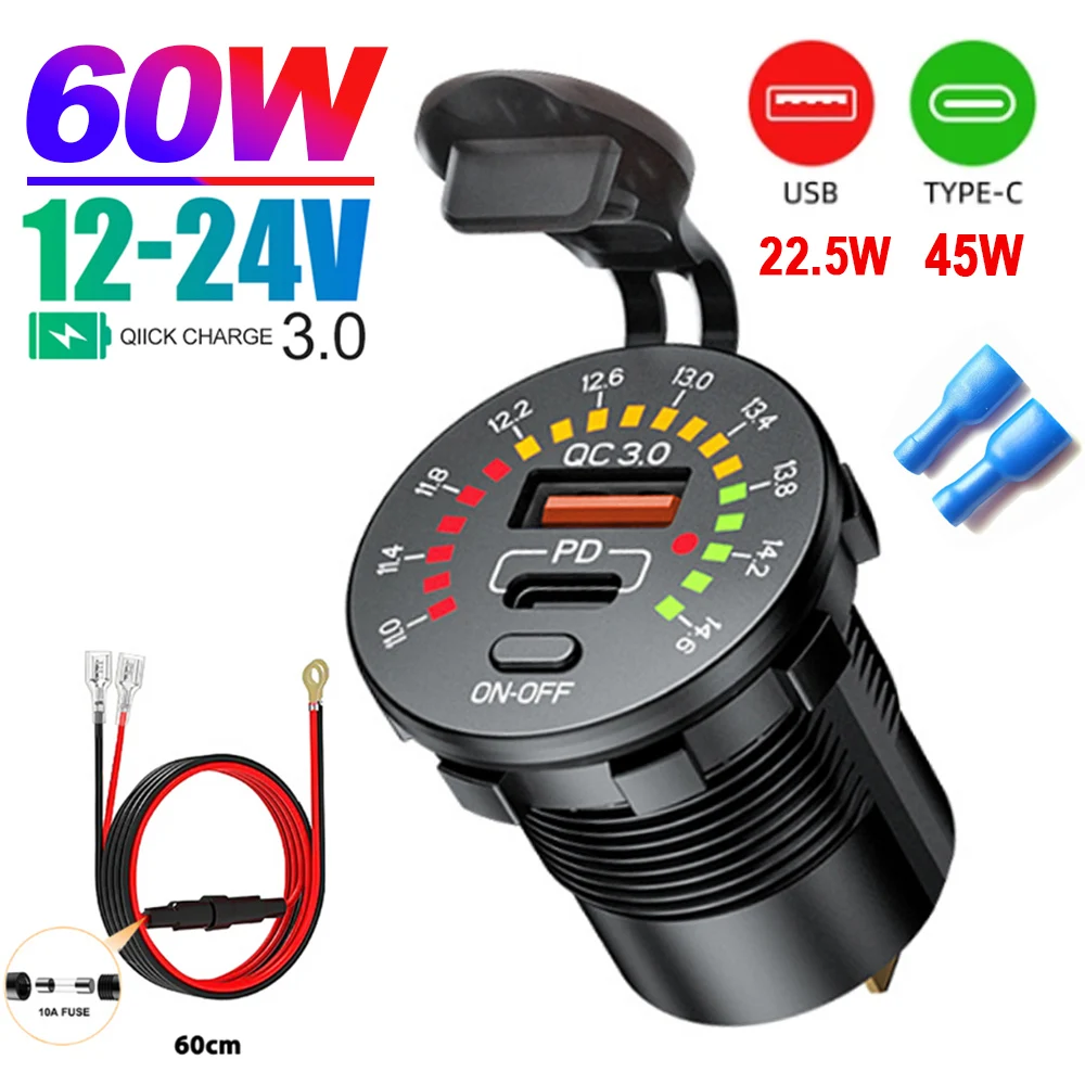 45W Dual USB Charger Socket with LED Voltmeter ON OFF Switch QC3.0 PC Type C Waterproof USB Outlet Fast Charger for 12V/24V Car