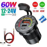 45W Dual USB Charger Socket with LED Voltmeter ON OFF Switch QC3.0 PC Type C Waterproof USB Outlet Fast Charger for 12V/24V Car