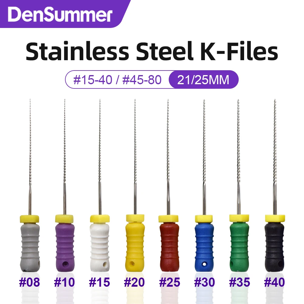 DenSummer 25mm Dental Endo Files 10 Boxes Thread Design Stainless Steel K Files High Flexibility Hand Use #45-80 Root Canal File
