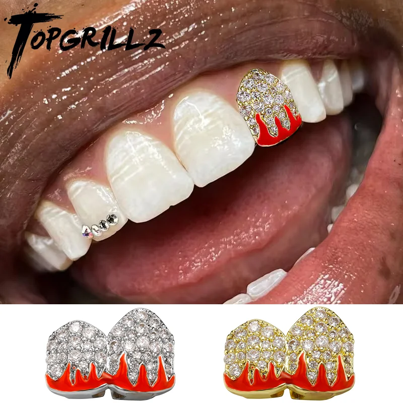 TOPGRILLZ Halloween Rapper Red Flame Full Iced Out CZ Stones Teeth Grillz Braces Single & Double Tooth Grills Cap Body Jewelry