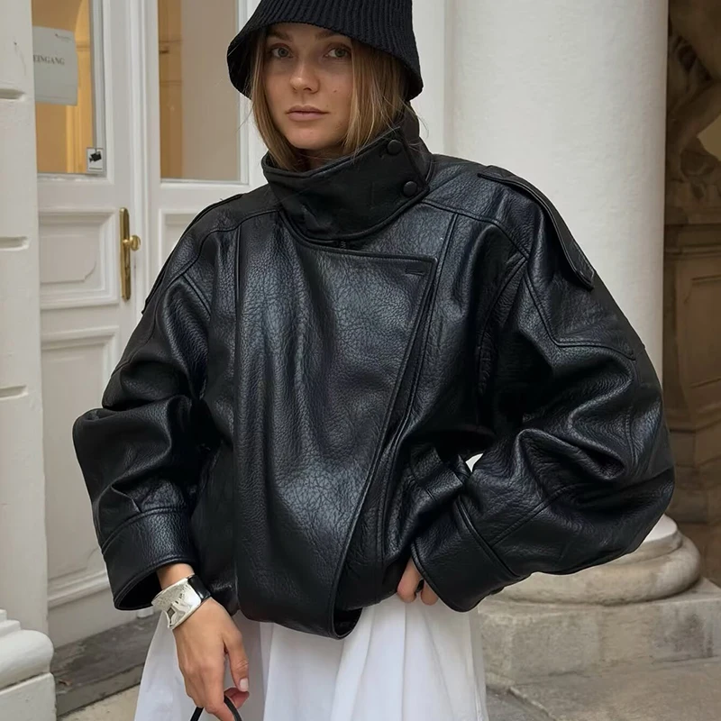 Giacca da donna in ecopelle 2025 Giacca da donna con personalità stile motociclista a maniche lunghe nera di nuova moda autunnale