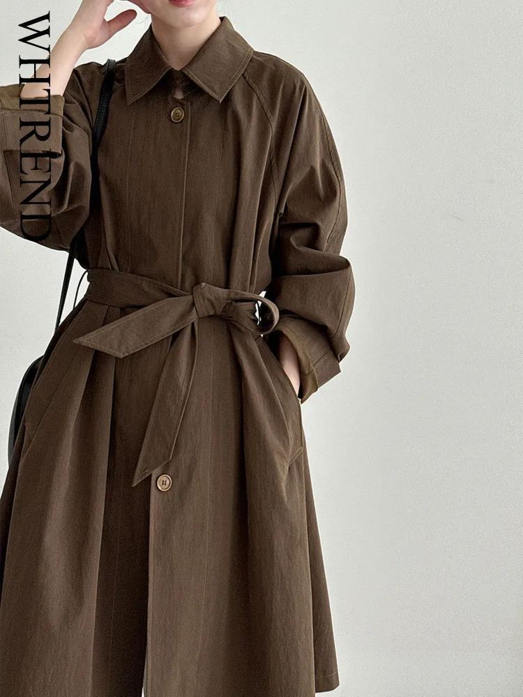 

WHTREND British Hepburn Style High-End Elegant Trench Coat For Women Autumn New Belt Windbreaker Coat WH1386