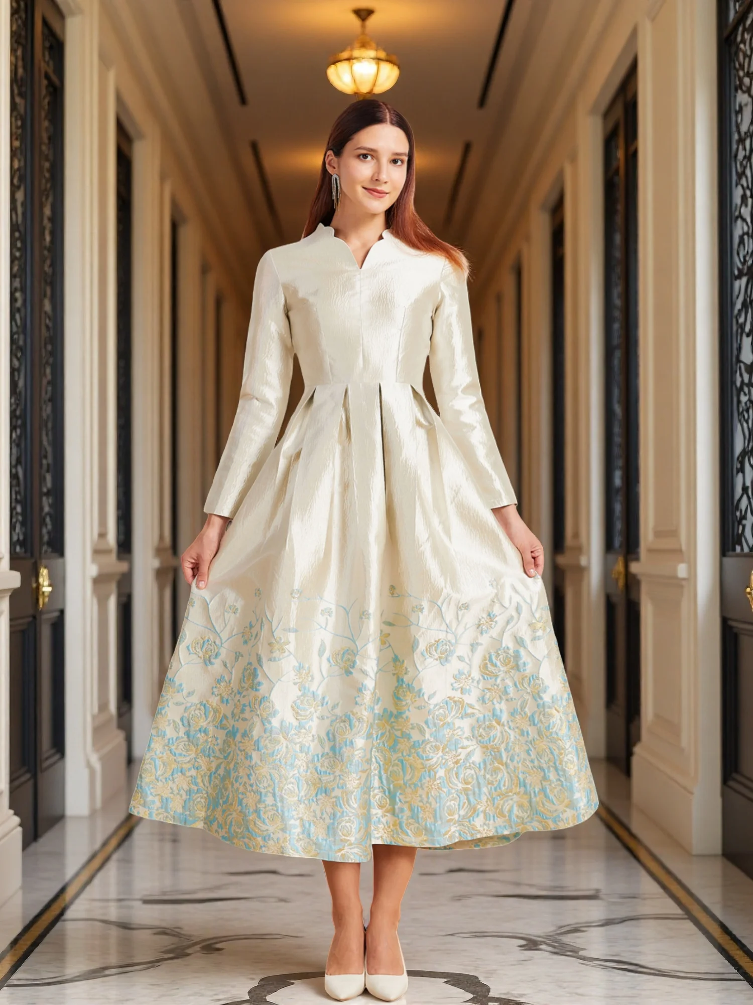 

New Plus Size Slimming Dress - Champagne Gold Gradient Jacquard Stand-Collar Long Sleeve Tummy-Control Flared Evening Gown