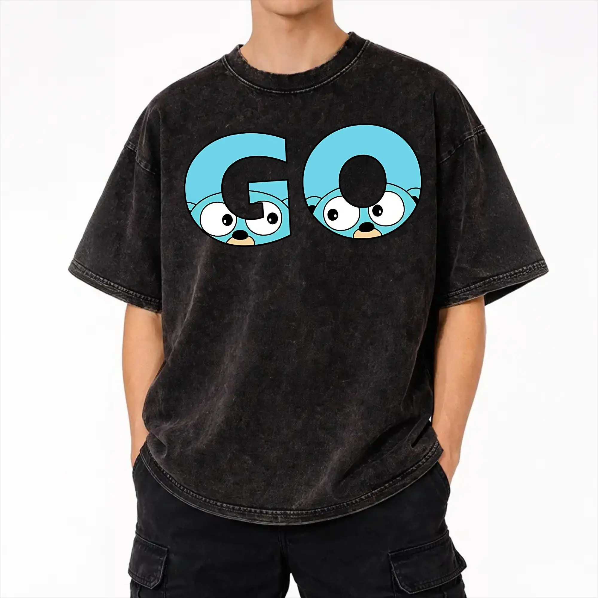Go gopher  Outfit Washed T Shirt Men Women Streetwear Hip Hop T-Shirt Printed  Tee Shirt 100% Cotton