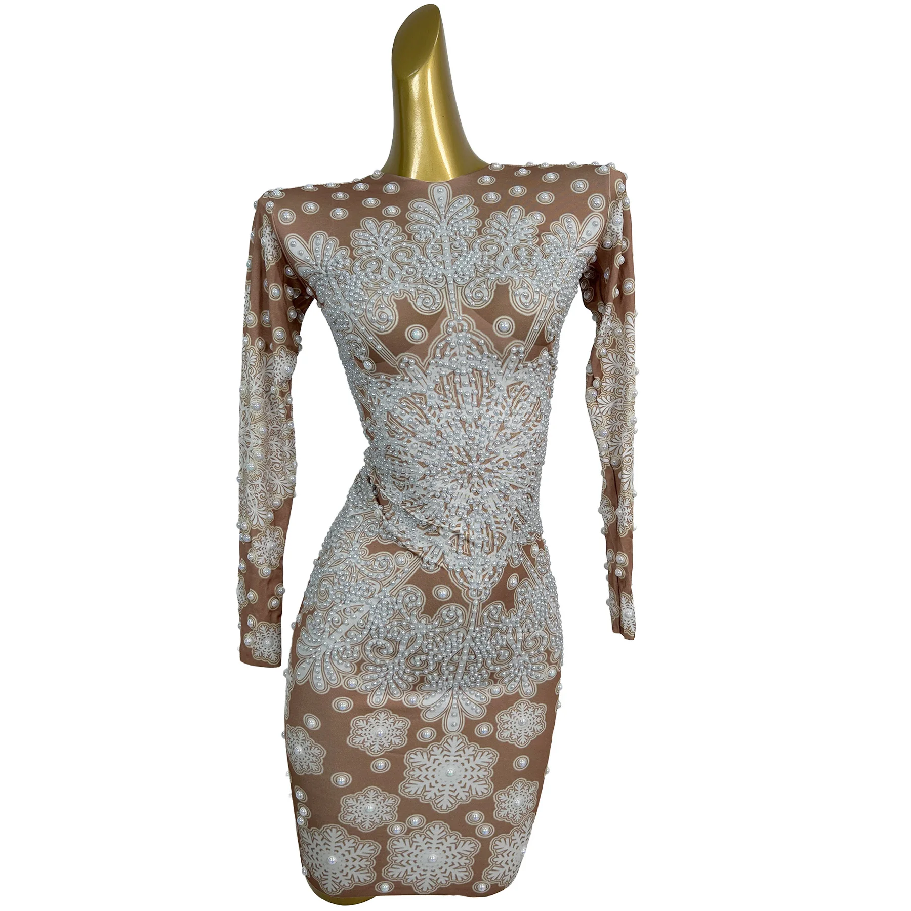 

Xuehuaqun Nude Mesh Pearl Embellished Long Sleeve Mini Dress with Snowflake Pattern for Evening Parties and Stage Performances
