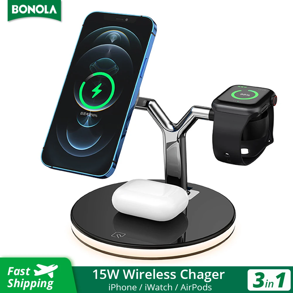 

Bonola 15W 3 In 1 Wireless Chager for iPhone 12/14/13 iWatch Airpods Pro Magnetic Fast Charging Station Dock Stand Touch Light