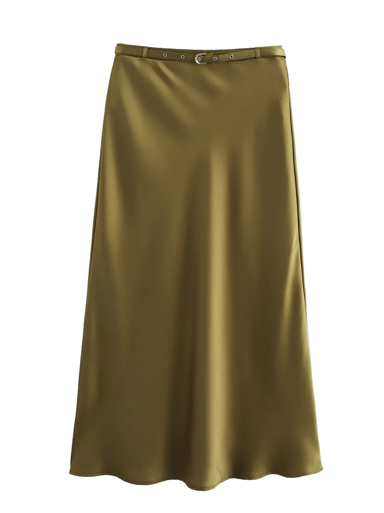 

OUROPEAN ZTATION 2025 Spring New Lady Party Satin Midi Skirt Bottoms Fashion Autumn Female High Waist Ruffles Regular Fit belt