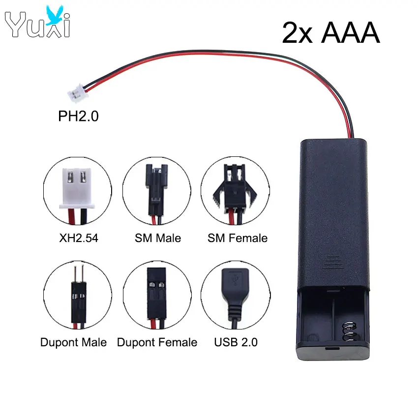 YuXi AAA Battery Case Box 2 Slots Battery Holder With Switch With Terminal Wire USB 2.0 PH2.0 XH2.54 Dupont SM Male Female Plug