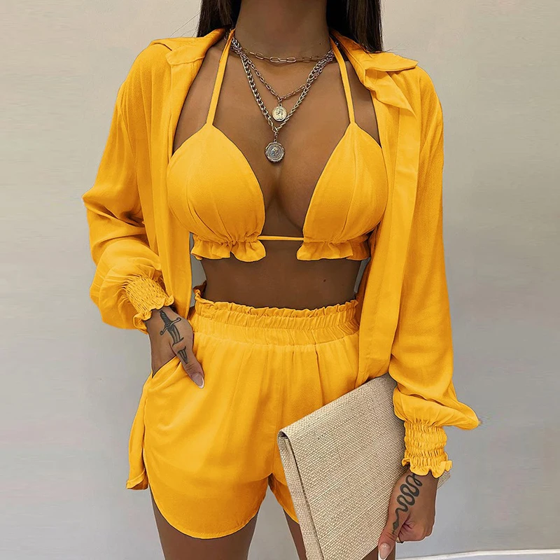 2022 Lantern Sleeve Shirt & Pocket Design Shorts Sets With Frill Hem Crop Top Women's Shorts and Top Sexy Outfits for Woman Suit