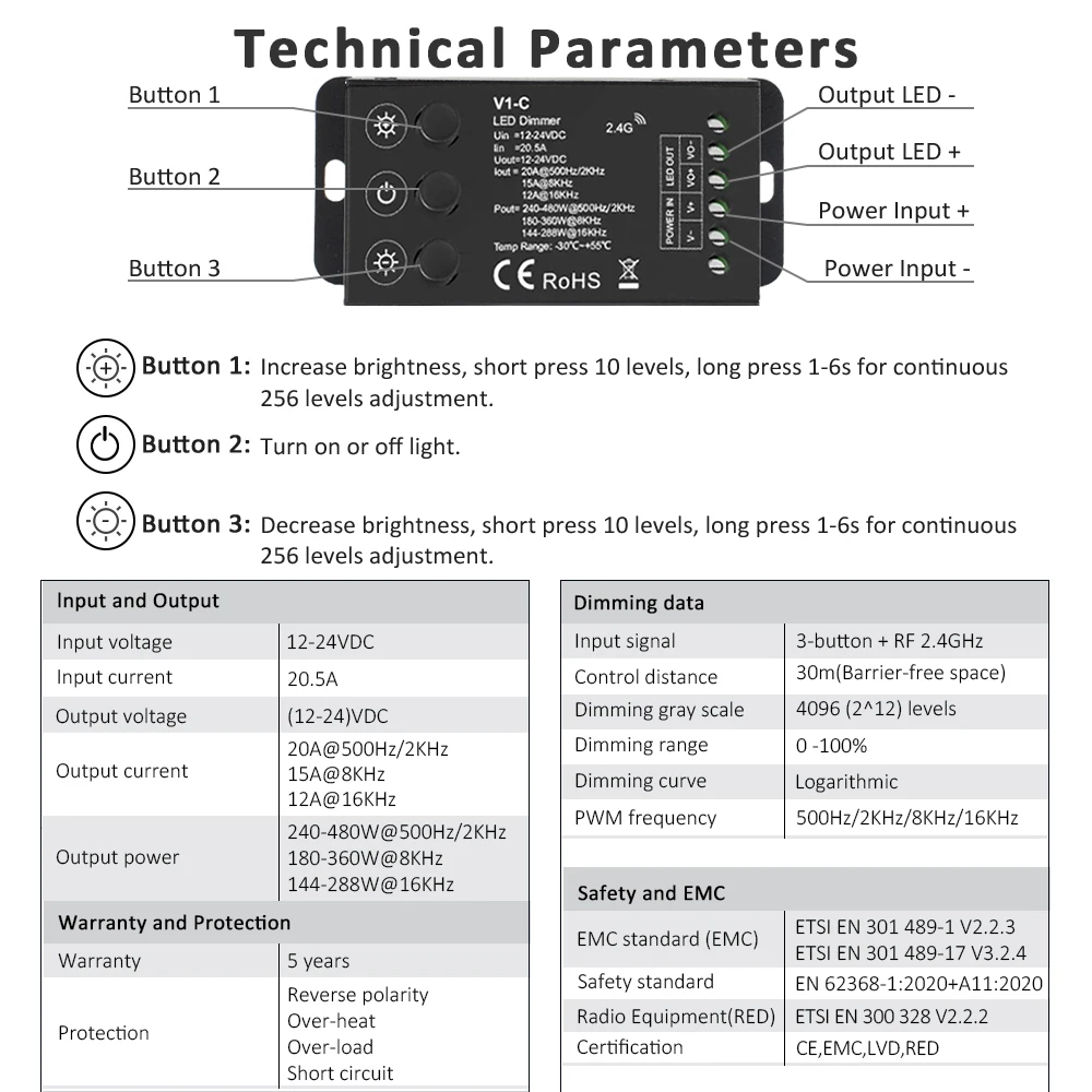 DC 12V 24V LED Dimmer Schalter 20a Konstant spannungs regler für 2,4 fcob einfarbige Licht leiste g HF-Fernbedienung