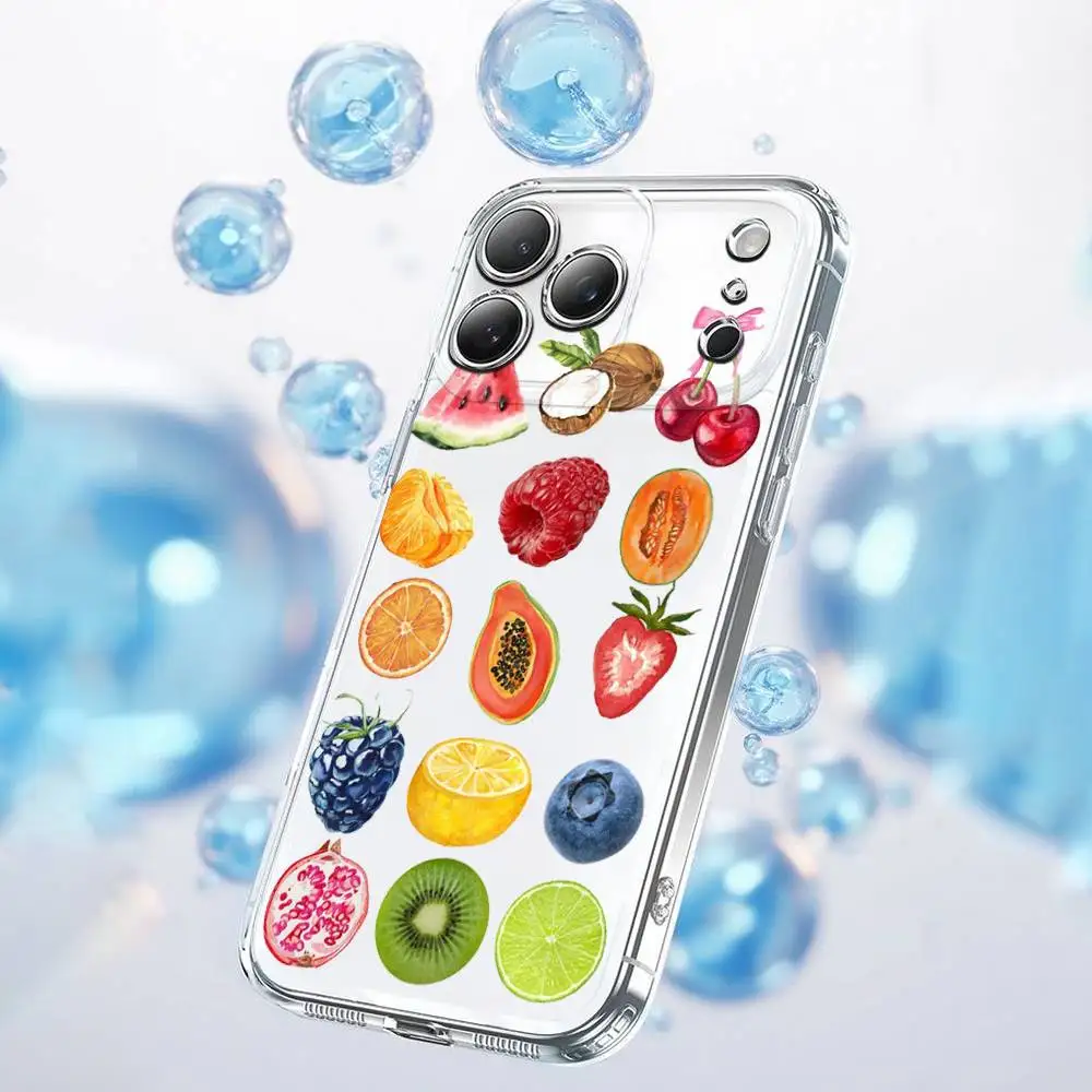 Etui na telefon iPhone 17, 16, 15, 14, 13, 12, 11 Plus, Pro, Max, Plus, E, SE4, Air, Mini, przezroczyste, letni wzór owocowy, kolaż.