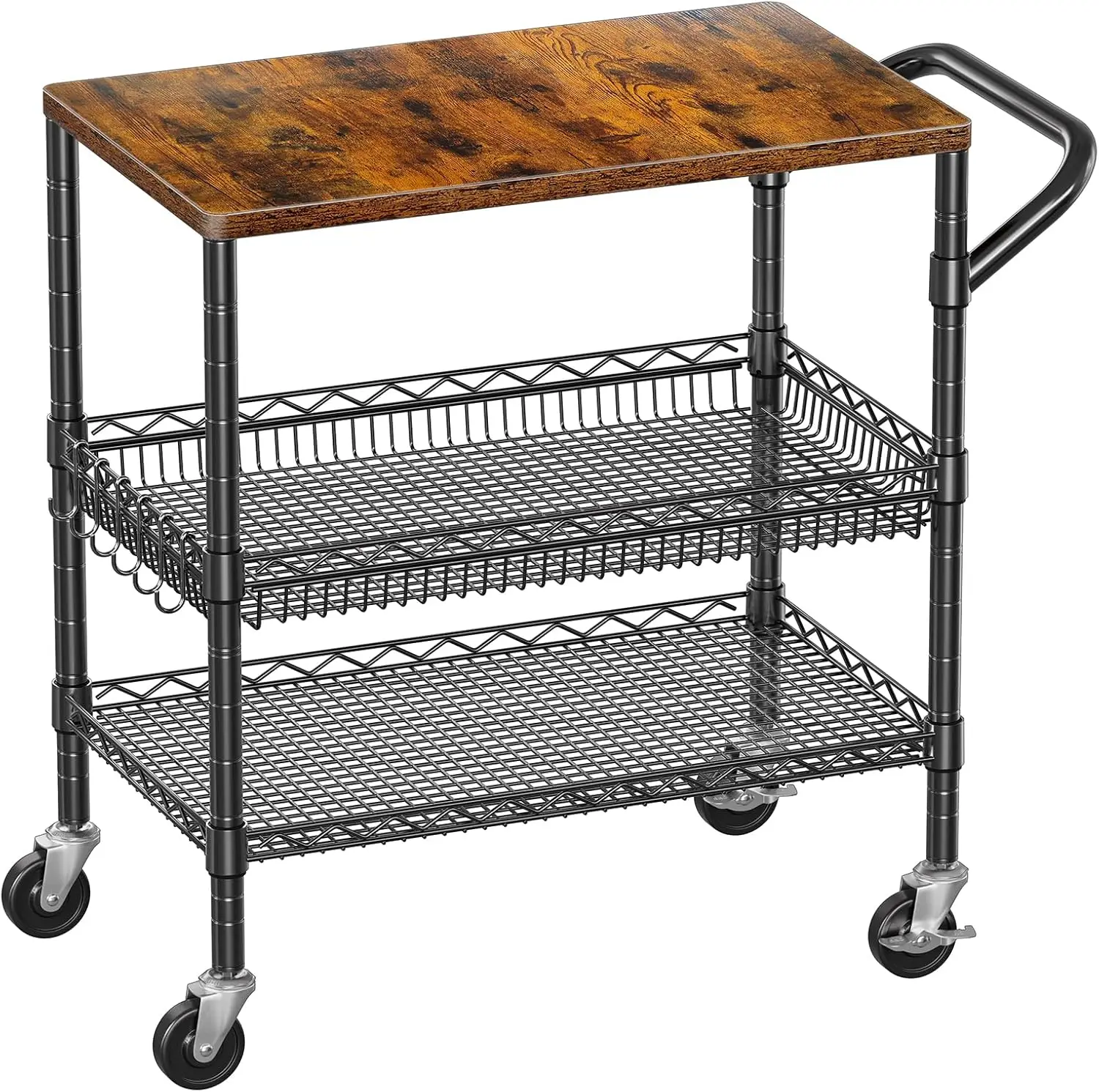 

Heavy Duty 3-Tier Rolling Cart with Wood Tabletop, 650Lbs Capacity, Adjustable Shelves & Silent Wheels for Kitchen Storage
