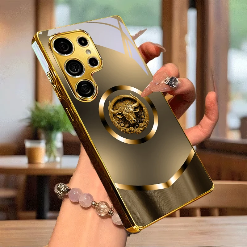 Luxury Taurus Relief Electroplated Golden Phone Case For Samsung S24 Ultra S21 S20 FE S23 Plus S22 S25 S26 Note10 20 Back Cover