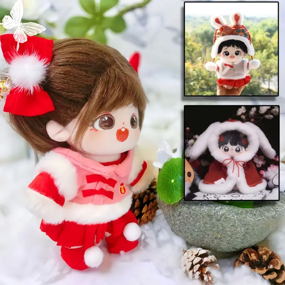 20CM Doll Plush Cloak Red&white Rabbit Ear Poncho Doll New Year's Clothing Hairy Chinese Style Mini Clothes 20cm Cotton Doll