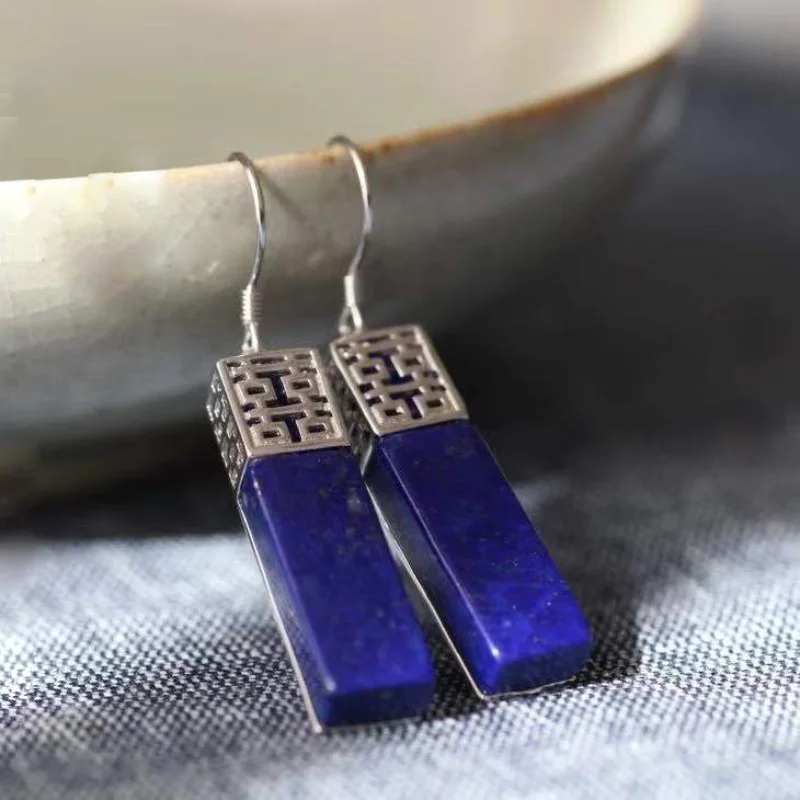 Creative ethnic style double happiness Long blue eardrop vintage lapis lazuli earrings for women wedding new 925 silver jewelry