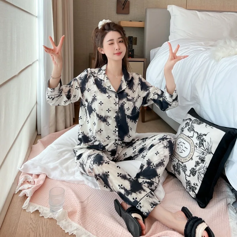 

2025 Spring Autumn Black Shite High-End Ink Paint Fashion Ice Silk Two Piece Set Pajamas Long Sleeve Pants Nightgown Sleepwear