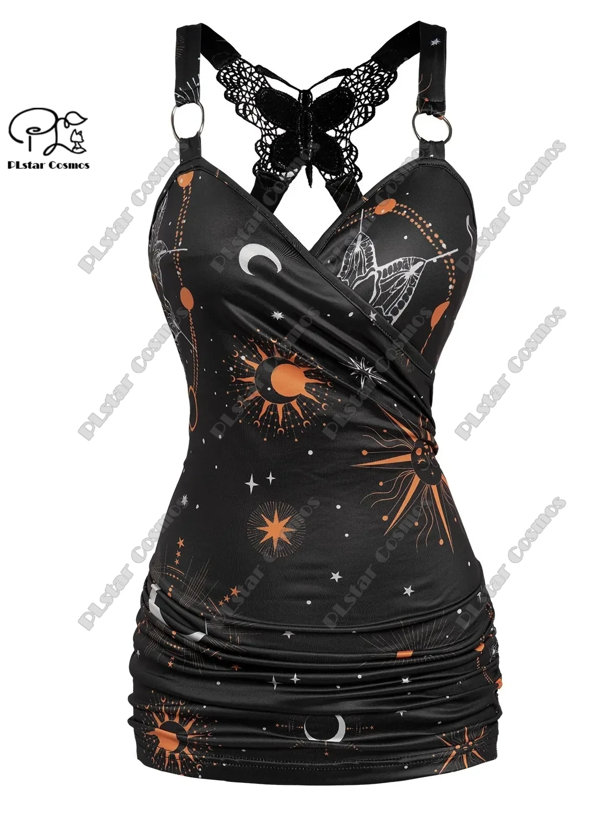 PLstar Cosmos Women New 3D Printing Celestial Sun Moon Stars Printing Tank Top Butterfly Lace Trim Pleated Twill O-ring Tank Top