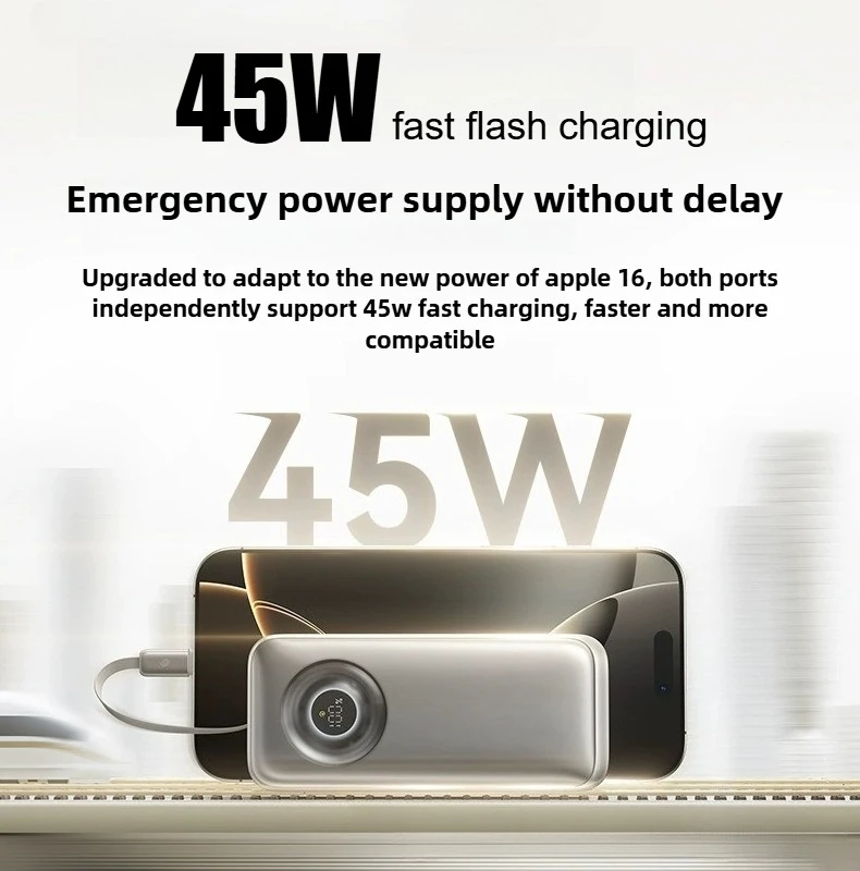10000 mAh Power Bank 45 W Intrekbare Ingebouwde Type-C Snelle Oplaadkabel Voor iPhone 17 16 voor Samsung S25 Poco voor Xiaomi Laptop