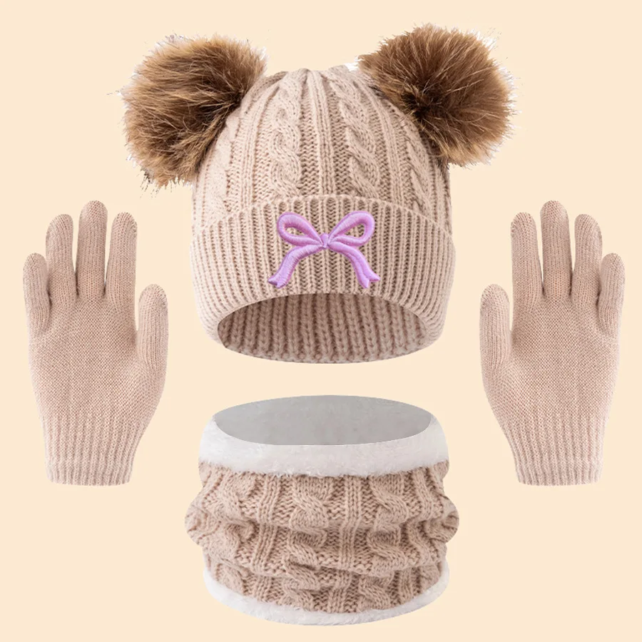 3pcs Children Winter Warm Knitted Beanie Scarf Gloves Set Bow Decor Thermal Fleece Lined for Cold Weather Trip