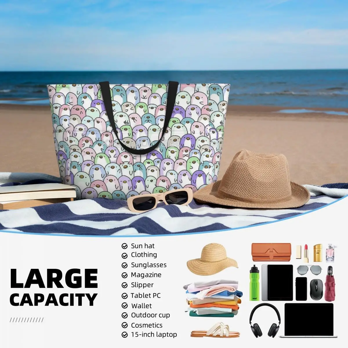 Borsa da viaggio da spiaggia pinguino Snuggles, borsa da viaggio alla moda Shopping viaggio regalo di compleanno modello Multi-stile