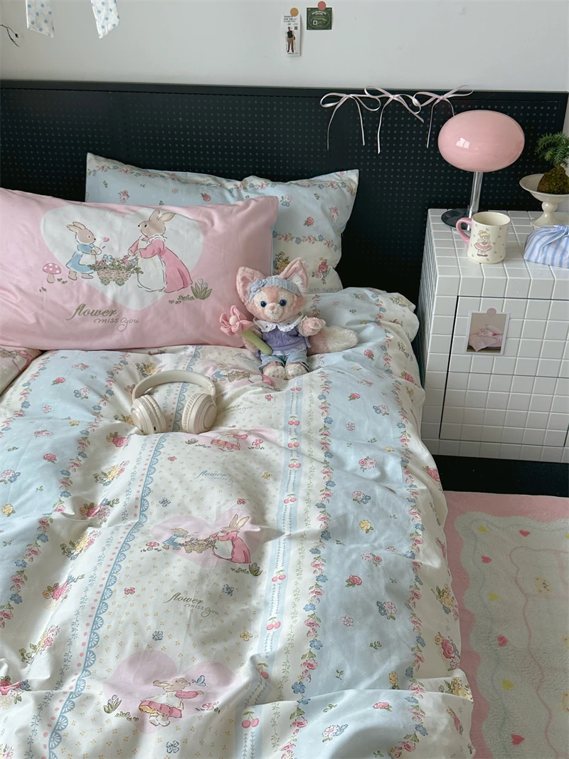 

Комплект постельного белья из 4 предметов из чистого хлопка с мультяшным рисунком кролика, пододеяльник, простыня, наволочки, балдахин для кровати