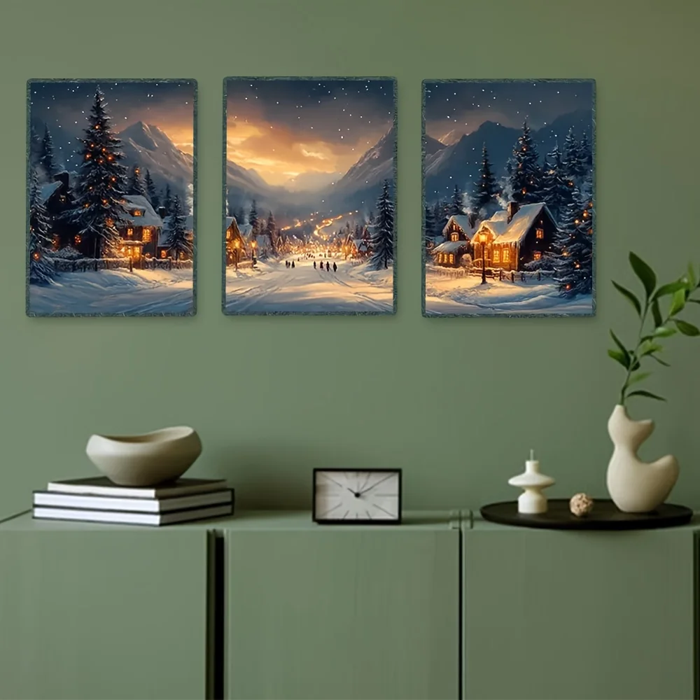 2D Flat, 2D Flat, Set of 3 Flat 2D Wall Art Prints for Christmas Featuring a Snowy Alpine Village, a Cozy Cabin Adorned with