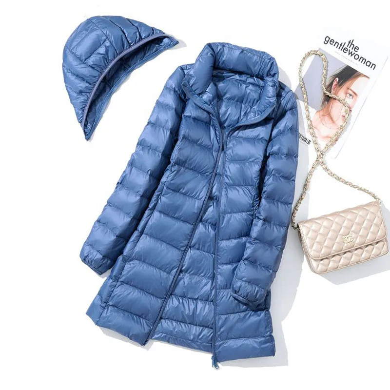 2025 Autumn Winter Women Down Coat Light White Duck Down Jacket Warm Hat Detachable Puffer Parkas Ladies Long Hooded Outwears