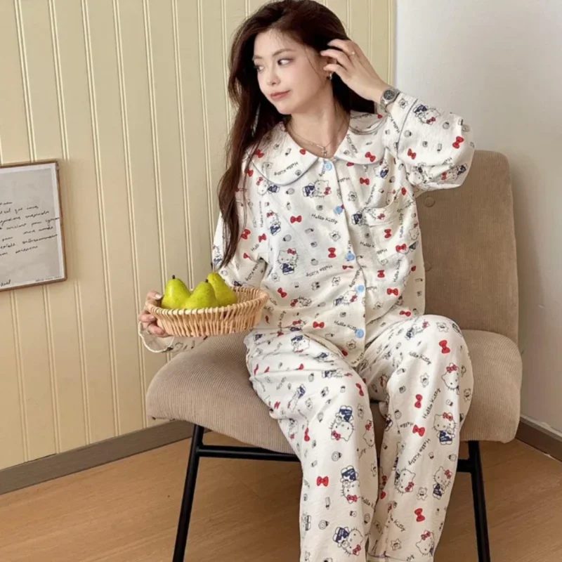 Sanrio Hello Kitty New Autumn Cotton Loose Casual Comfortable Cardigan Women's Pajamas Silk Pajamas Women's Loungewear Set