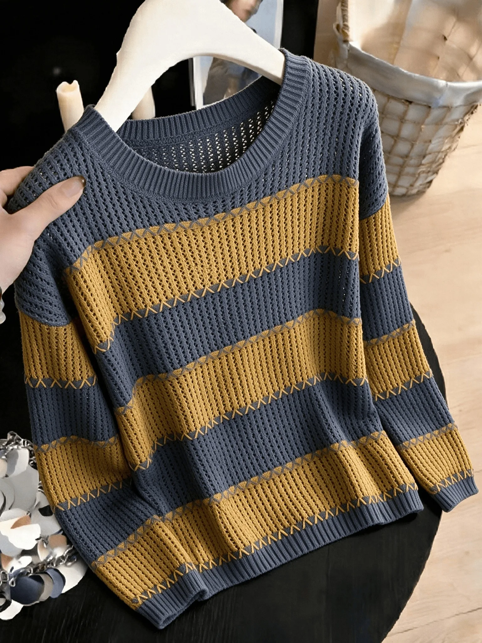 Retro round Neck Long Sleeve Women's Knitwear Fashionable Commuter Striped Loose Overhead Hollow out Casual Style Sweater