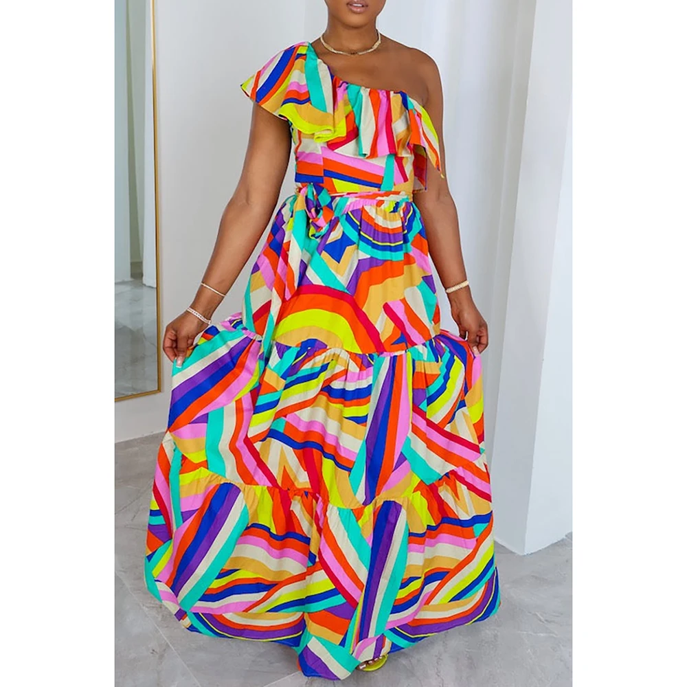 Plus Size Multicolor Casual All Over Print One Shoulder Ruffle Rainbow Maxi Dresses