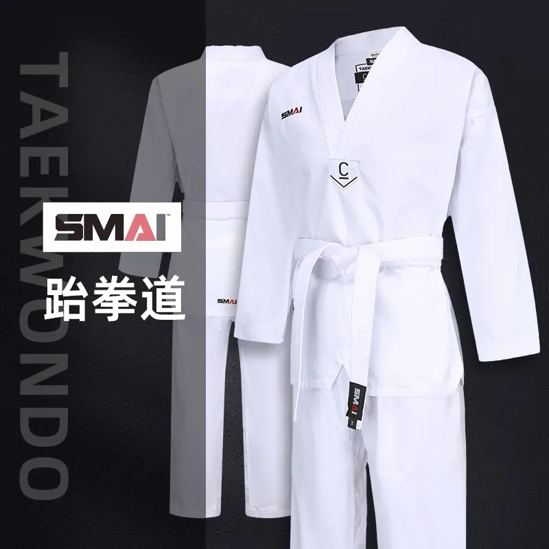 SMAI White V-Neck TKD UNIFORM CLASSIC - 8OZ RIBBED STUDENT DOBOK Unisex White Collar Taekwondo Training Uniforms for beginners