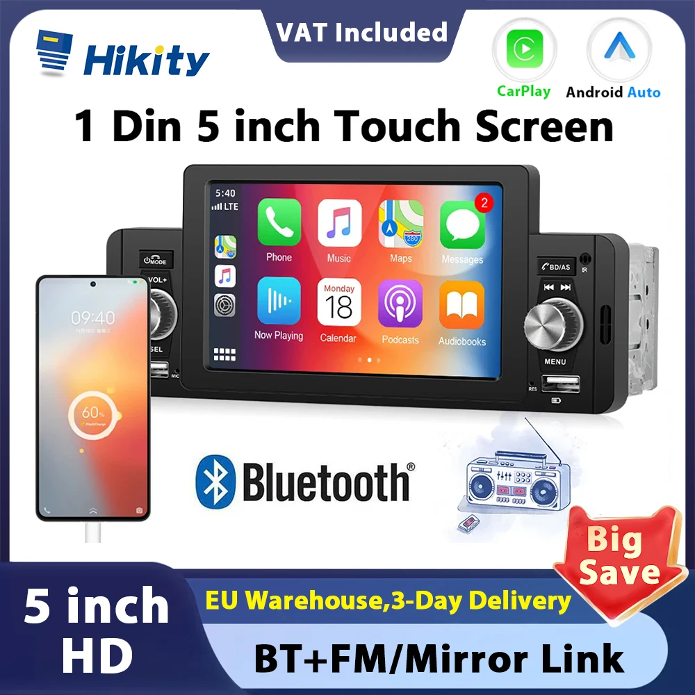 Hikity 1 Din Carplay MP5 Player Stereo Android Auto Bluetooth FM Radio Receiver Universal Car Multimedia Player