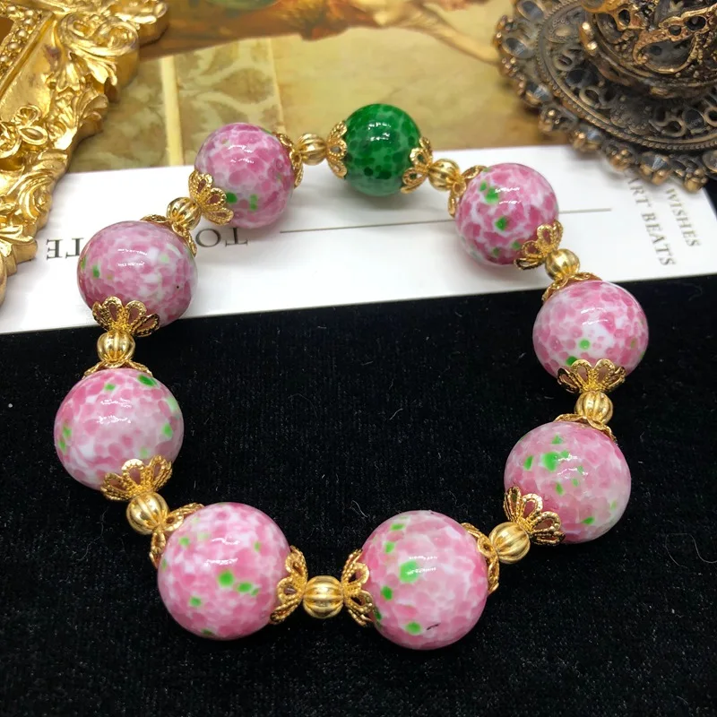 

New Fresh and Sweet Style Blossom Pink Frog Skin Glass Beaded Necklace Earrings Stretch Bracelet Temperament Versatile Jewelry