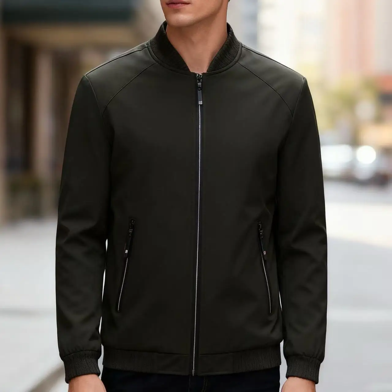 

Free shipping Mens Lightweight Jacket Cotton Casual Business Style Stand Collar Zip Up Spring and Autumn Thin Outerwear For Men