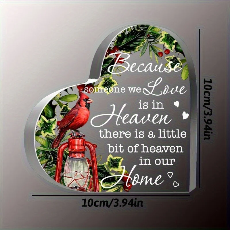 CIFBUY Acrylic Memorial Heart Plaque Red Bird Leaf Design Elegant Table Centerpiece Durable Home Decor Gift For Those We Love