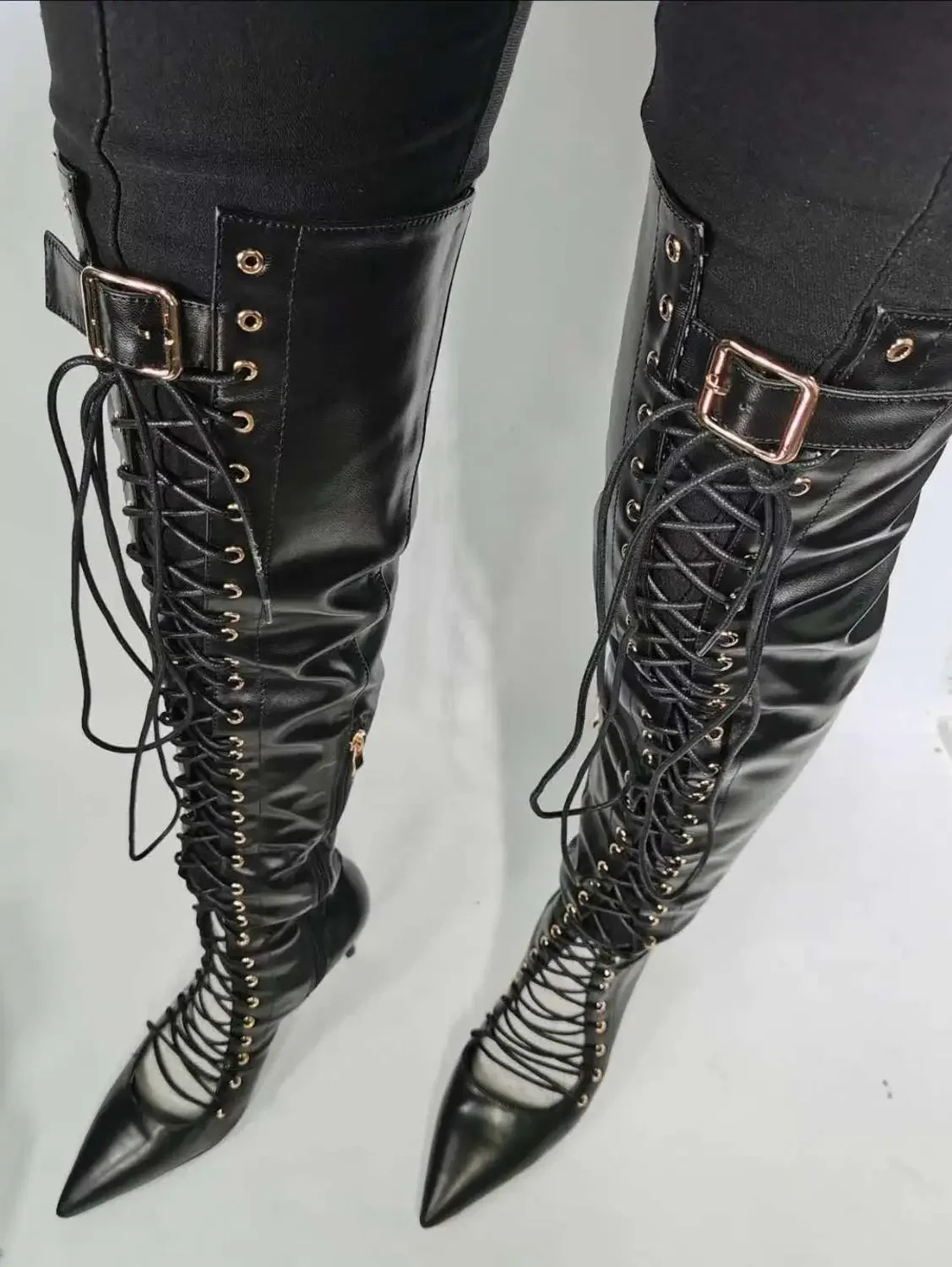 ASHIOFU New Ladies High Heels Boots Cross-shoelace Pointy Sexy Night-club Long Shoes Evening Real-pics Fashion Allmatch Boots