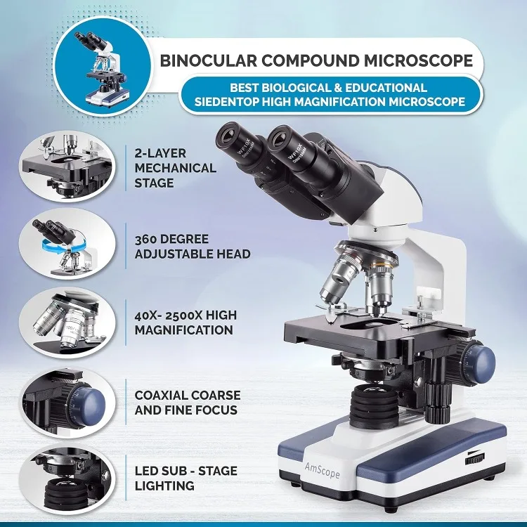 B120C Siedentopf Binocular Compound Microscope, 40X-2500X Magnification, Brightfield, LED Illumination, Abbe Condenser