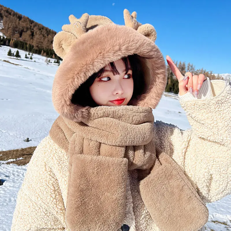 Dragon Horn Bear Hat Scarf One Female Winter Adult Gloves Cycling Thick Dragon Treasure 3-in-1 Small Antler Hat