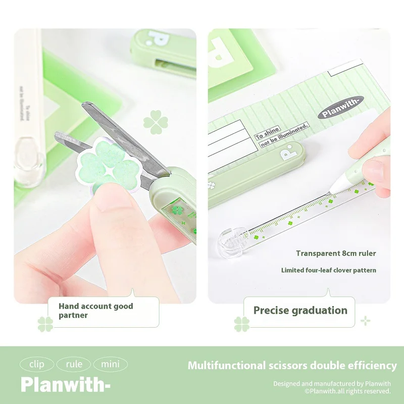Planwith 2-in-1 Folding Scissors&Ruler,Multi-purpose Aesthetic Rounded Tip Safety Scissors For measurement&Cutting Art Tools