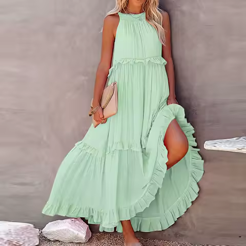 Women Casual Ruffles Long Dress Summer Elegant Sleeveless Sundress Elegant Harajuku Maxi Dress Beach Party Evening Vestidos