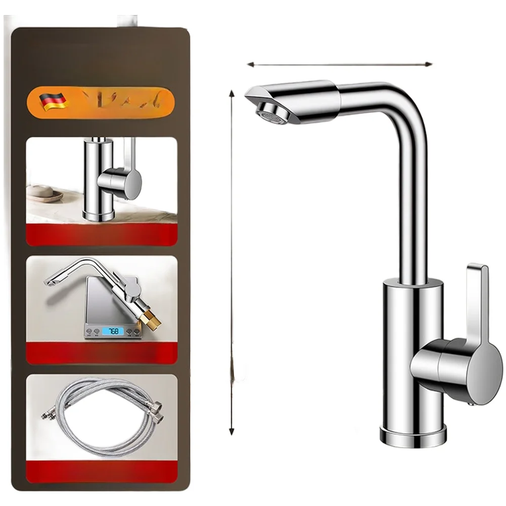 Thickened Solid Brass Basin Faucet with 360 Degree Rotatable Spout for Hot Cold Water Mixing Single Hole Installation
