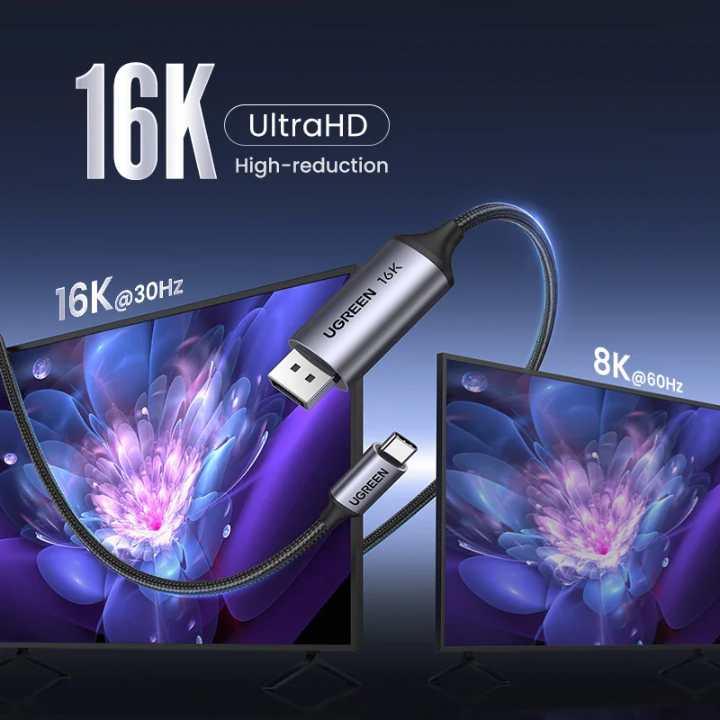 Кабель UGREEN с USB C на 16K Displayport 2,1 Для MacBook Pro/Air 6K @ 30Hz 8K @ 60Hz Thunderbolt 3/4 40 Гбит/с Тип C на 16K DP 2,1