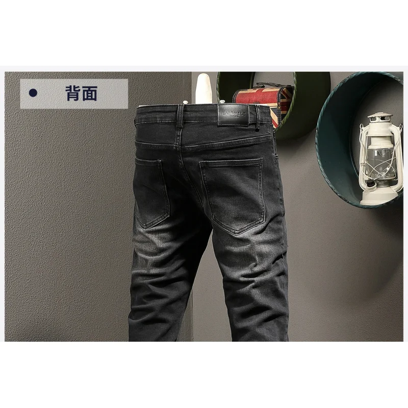 

High end black jeans for men, trendy brand, fashionable street ruff, handsome, ripped hole patch, elastic slim fit, short leg pa