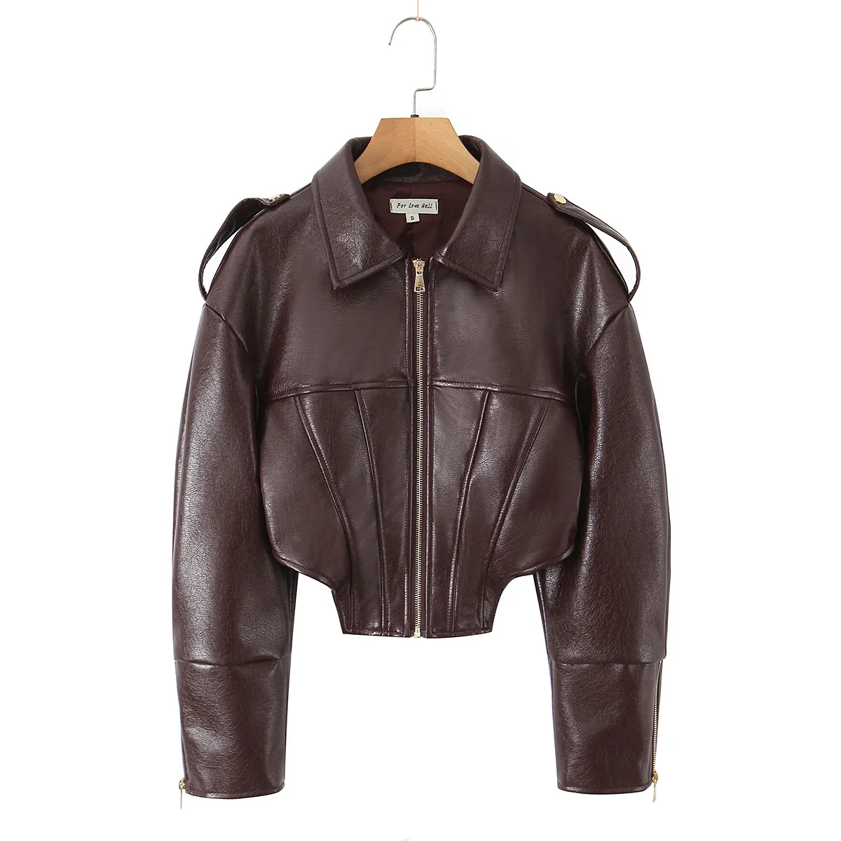 

Women's Fashion Casual American Style Short Motorcycle Leather Jacket Women Dark Brown Faux Biker Jacket With Epaulets 21IY