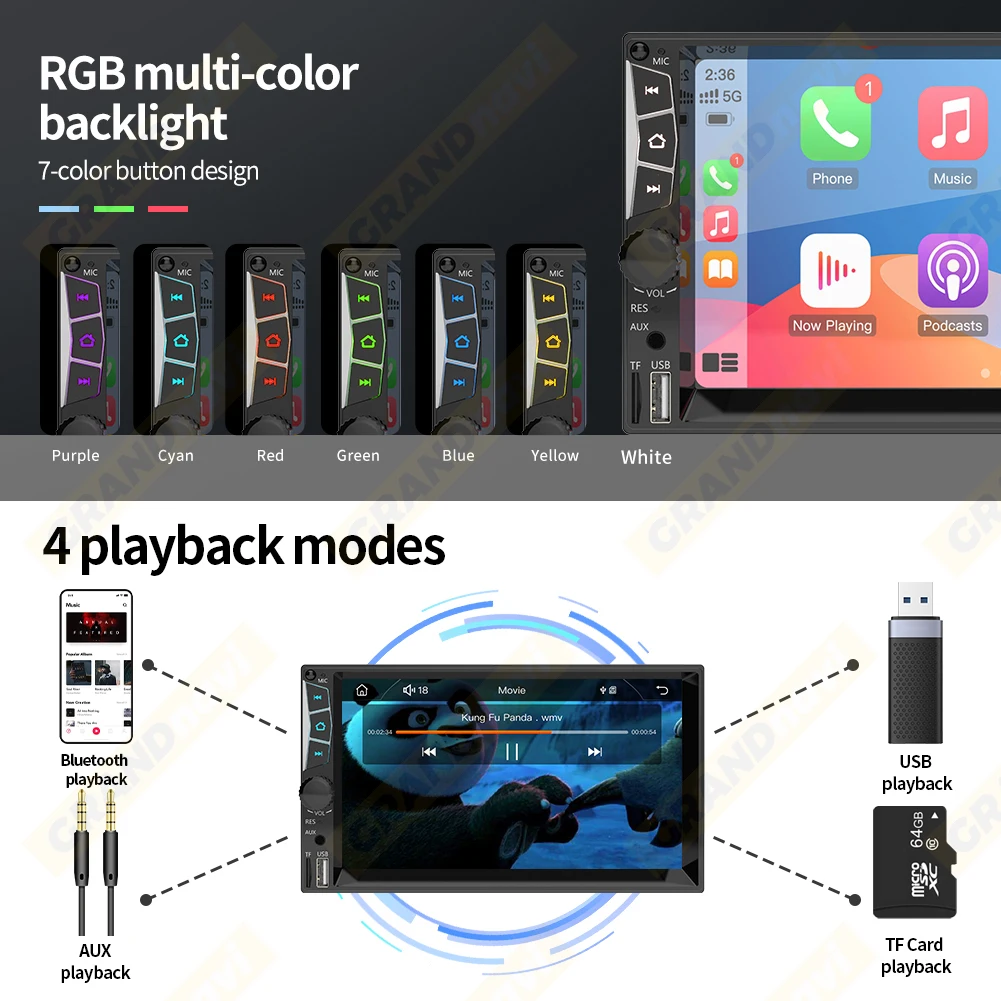 GRANDnavi-Autoradio Carplay avec écran tactile, autoradio universel, régulateur 5 joueurs, Bluetooth, Mirrorexhaus, USB, 2 Din