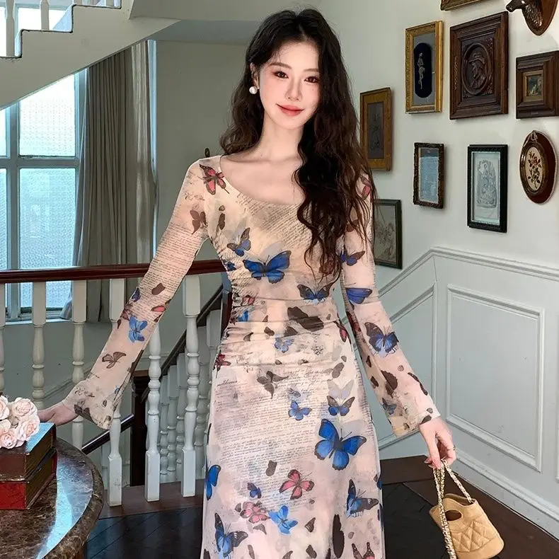 فساتين نسائية بأكمام طويلة فستان مكشكش للخريف محبوك مبطن متشابك مرونة الياقة المدورة شريط عمودي مكان العمل الرسمي #2