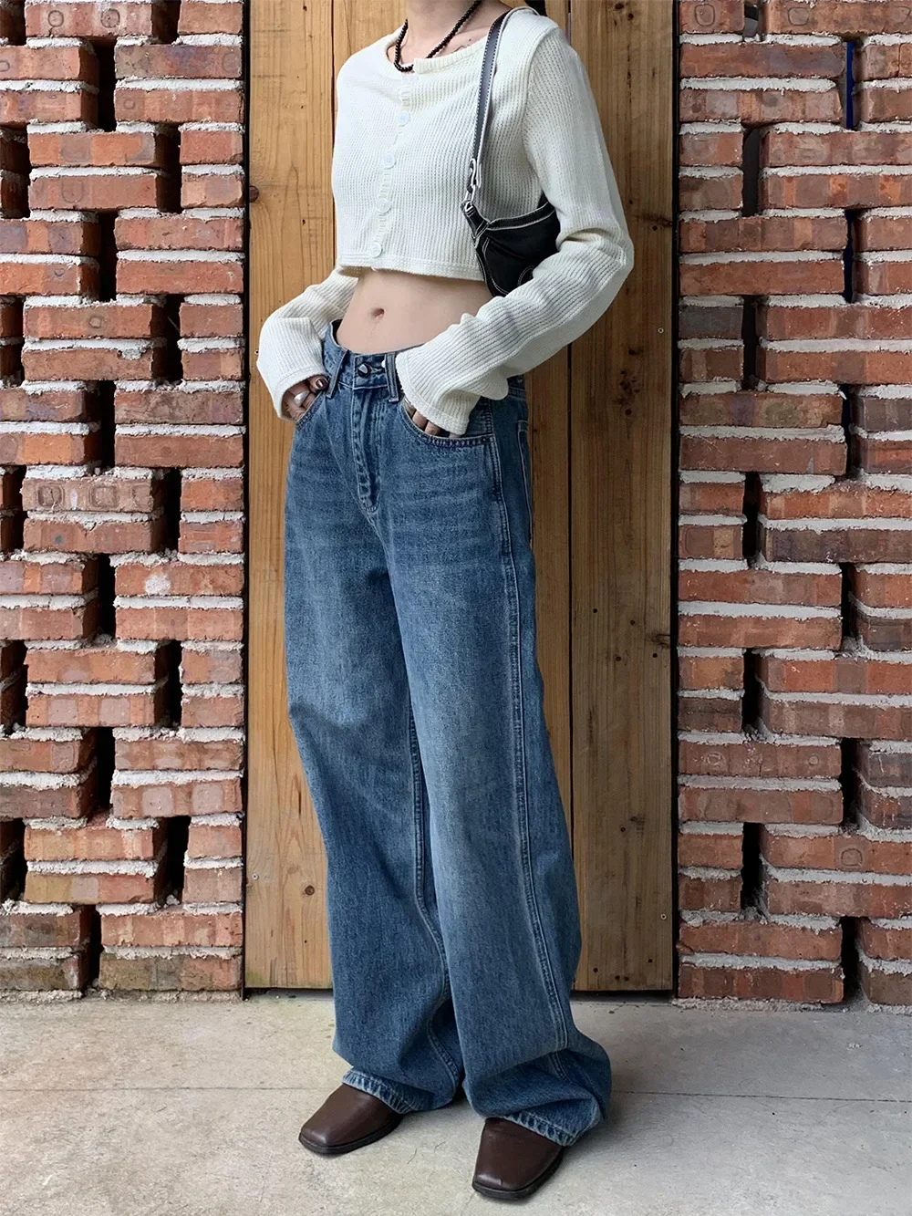 

High Waist Denim Wide Leg Pants Women Vintage 2025 Autumn Winter Casual Floor Length Jeans Distressed Loose Fit Trousers