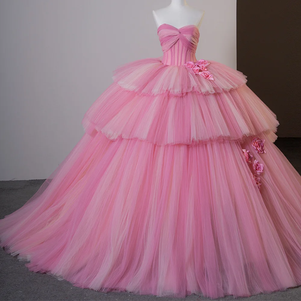 Superfine Pink Shiny Tiered Quinceanera Dress Strapless 3D Flower Tull Vestidos 15 De XV Años XV Brithday Sweet 16 Dress