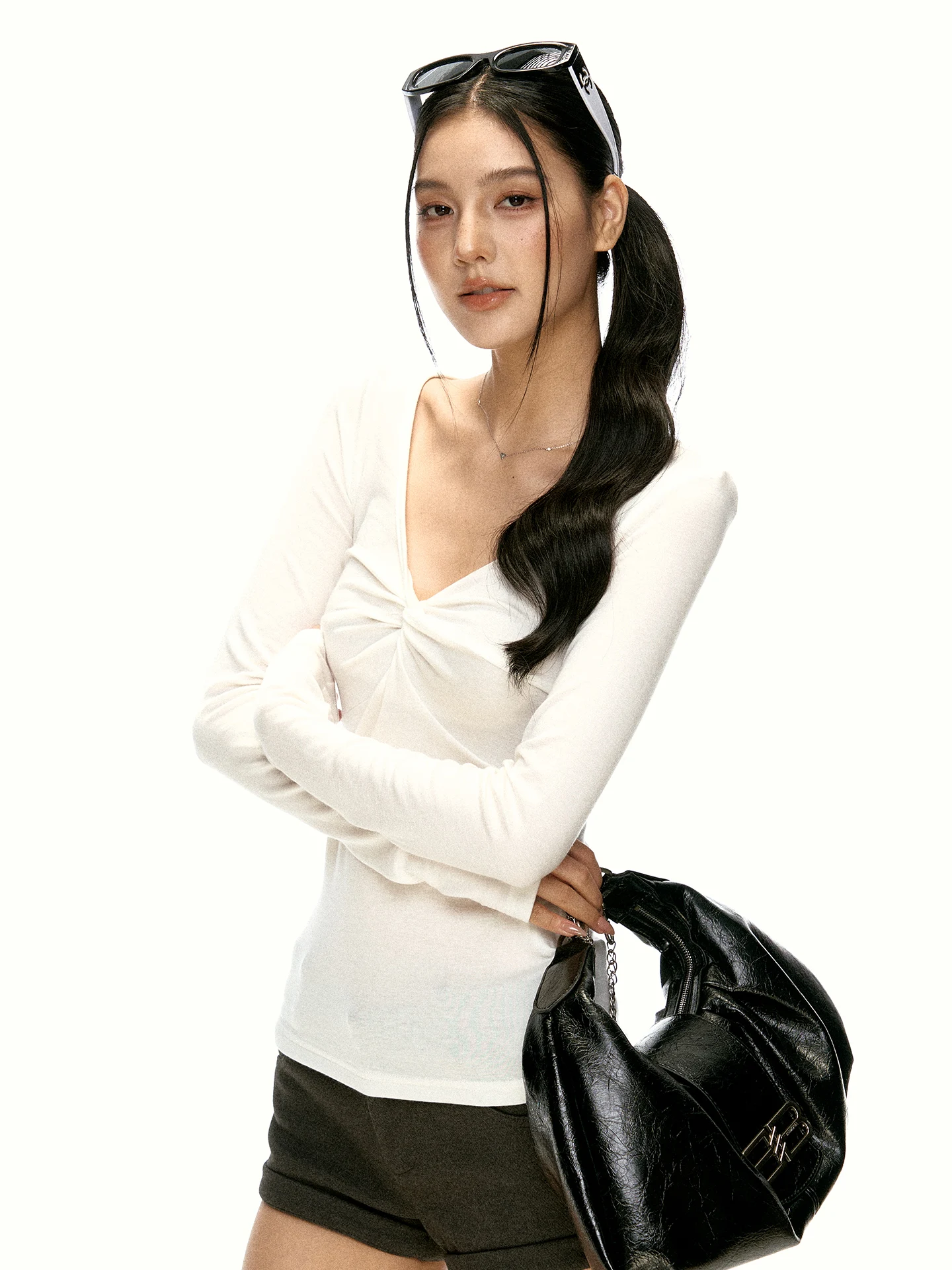 Aaisup Korean Style V-Neck Knot Shoulder Long Sleeve T-Shirt Women's Sexy Slim Fit Base Shirt Casual Style Autumn Design